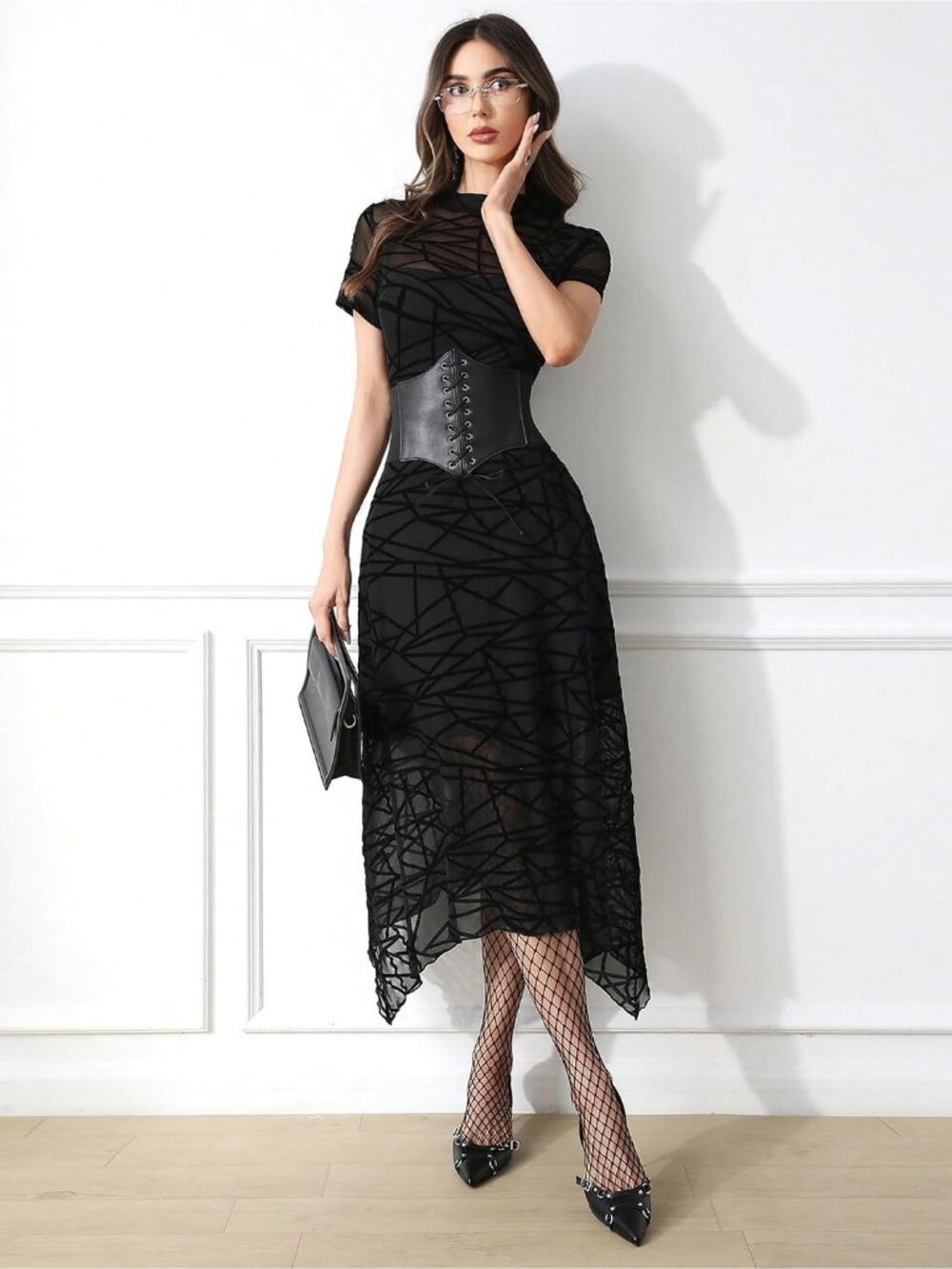 Women's Black Short Sleeve Floral Mesh Elegant Vintage Irregular Hem Midi Dress - Picture 5 of 6